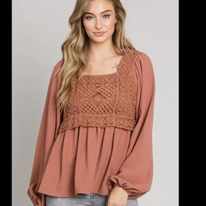 RUSTTYDUSTTY Elegant Crochet Accent Blouse - Terracotta
